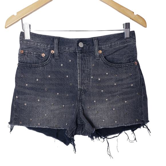 Levi's Pants - Levi’s Wedgie Jeans Shorts High Waist Cotton Frayed Hem Studs Black Wash Size 27